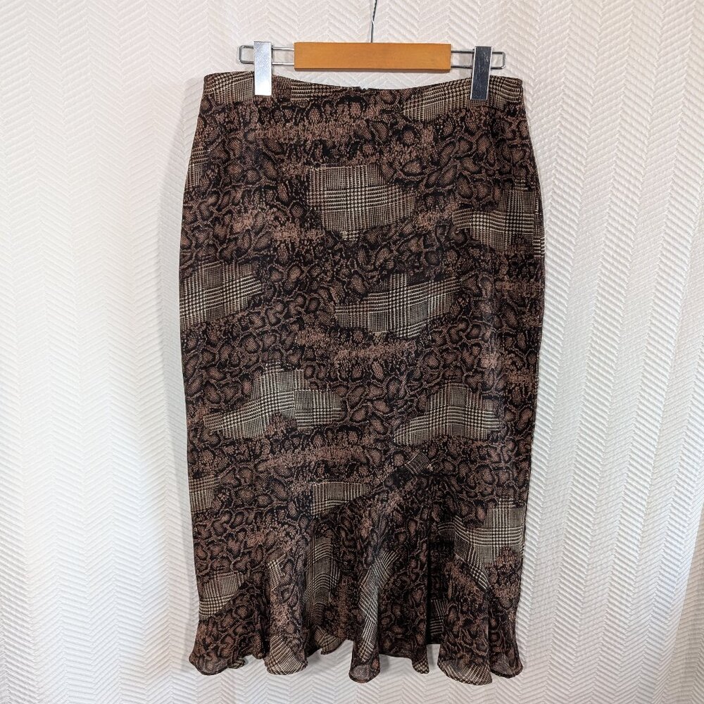 Vintage Brown Midi Skirt Houndstooth & Python Snake Print Size 12 Ruffle Hem